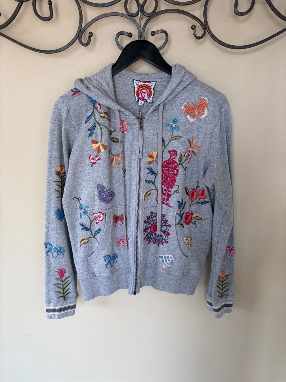 Johnny Was Gray Embroidered Zip Hoodie